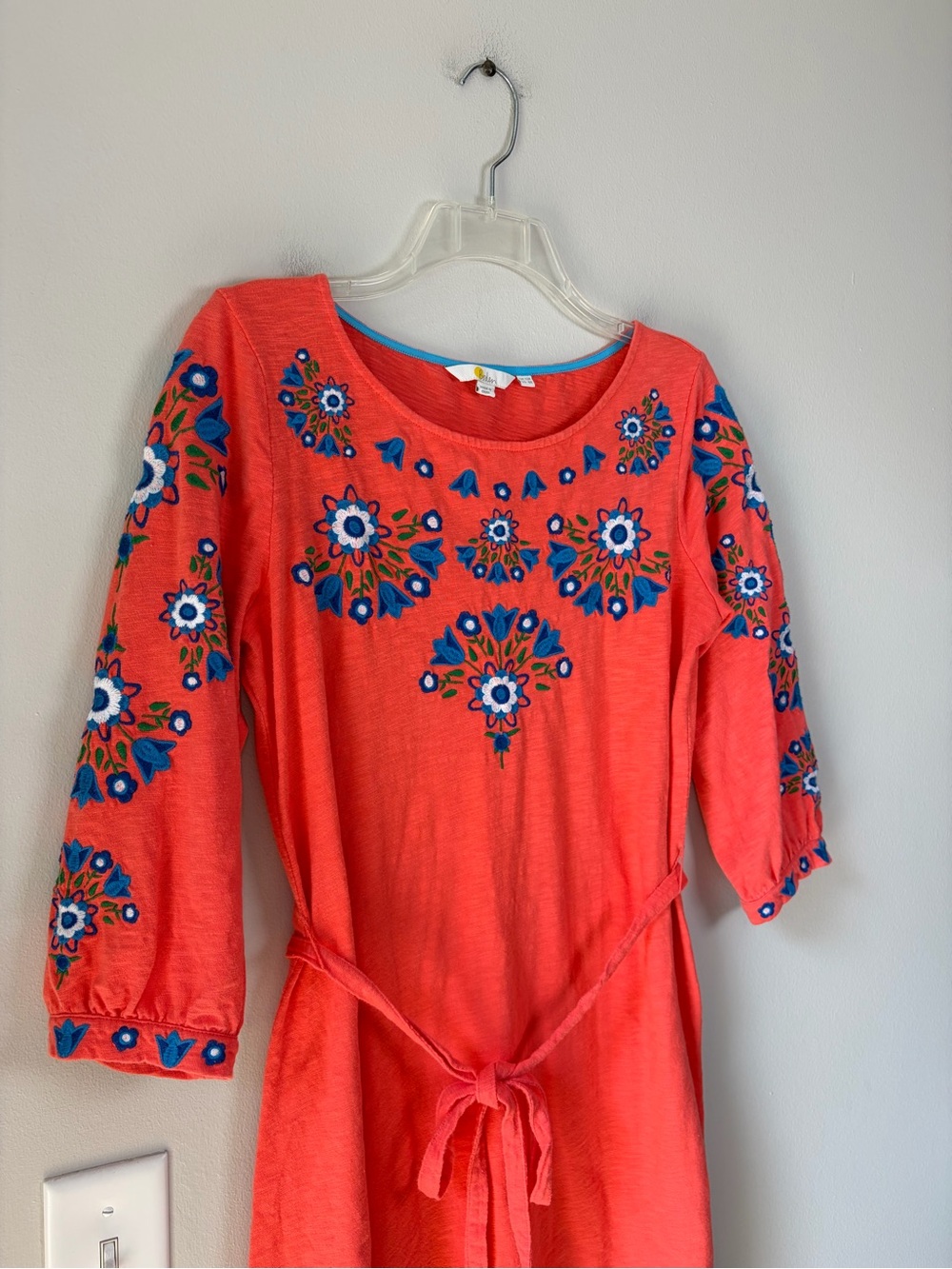 Boden Leyla Floral Embroidered Jersey Slub Cotton Tie Tunic Dress Guava Orange - Picture 3 of 8